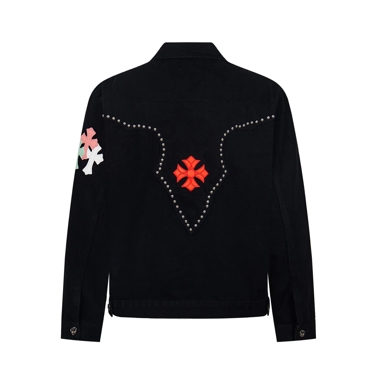P280 Chrome Hearts Chrome Hearts heavy-duty denim jacket with rivets and multiple farts. The same model as the Internet celebrity star. The cross-printed denim jacket has a unique cross design element and is full of design. It is made of 100% denim cotton fabric with heavy coarse yarn count, which ensures a stiff and tough silhouette while being soft, comfortable and breathable. The lapel is designed with silver buttons and is full of texture. The classic white cross logo is all over the dress, making it a perfect versatile style for spring and summer! The original loose version is made of high-quality pure cotton fabrics. The fabric pattern is high-definition and delicate without burrs. It is comfortable and breathable to wear. All the buttons are molded and customized. It is casual and fashionable and can be matched with any bottoms. It can be windproof and sunproof in spring and summer. It can be worn outside in autumn and winter! Easily concave shape makes you look slimmer and taller, perfect for both men and women! Style number: 1764# Color: Black Size: S M L XL